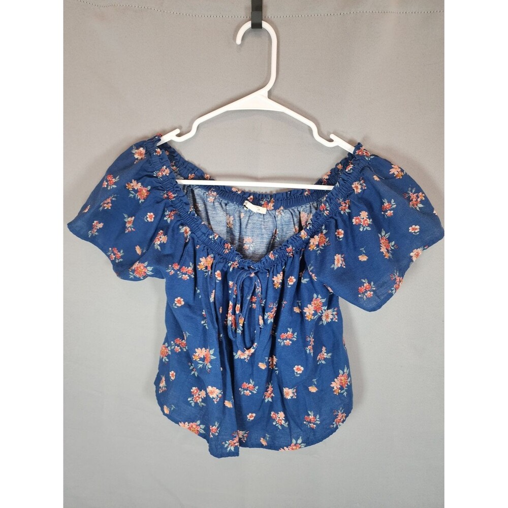 American Eagle Outfitters Navy Blue Floral Off-Shoulder Tie Front Top
